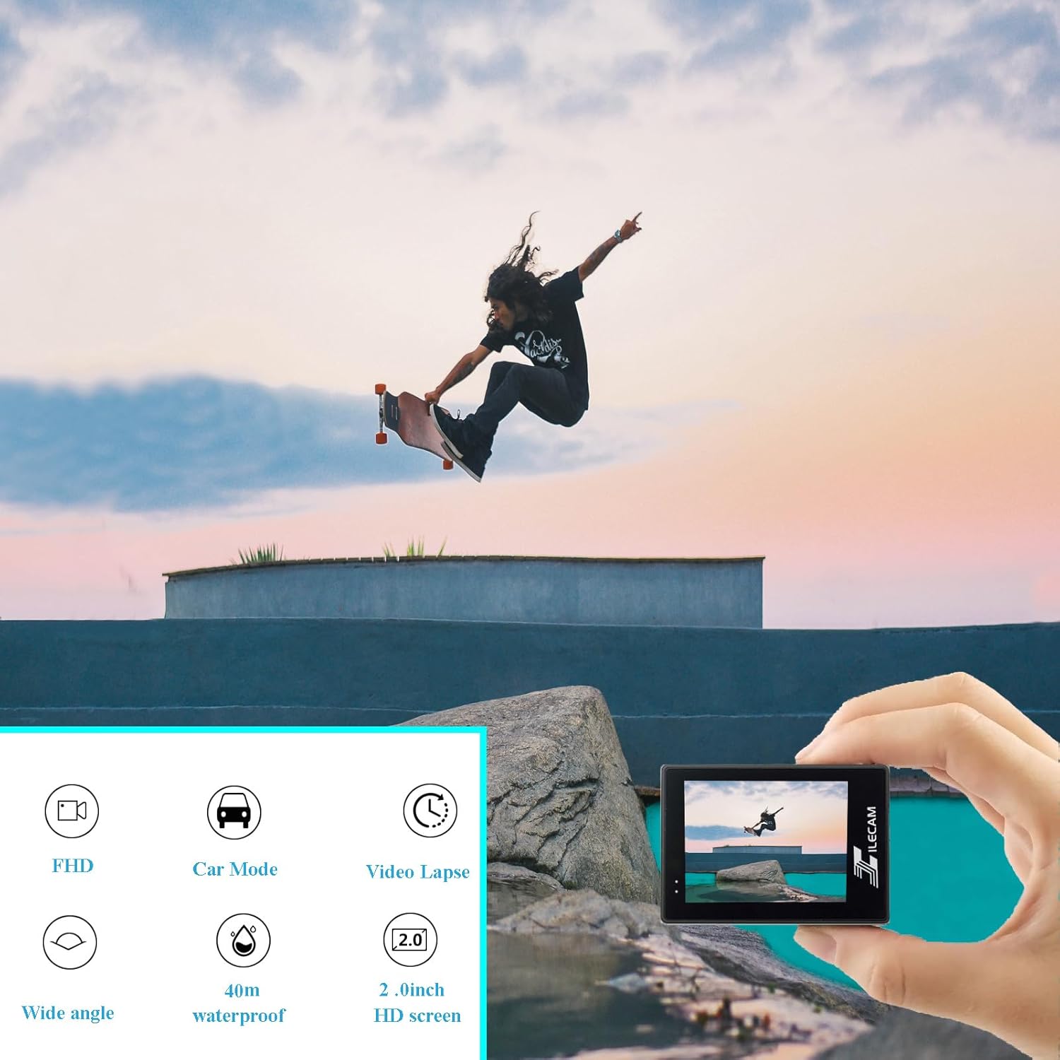 Action Camera 1080P 30fps Sports Camera 40m/131ft Underwater Waterproof with 2 Batteries and Multi-Function Accessory