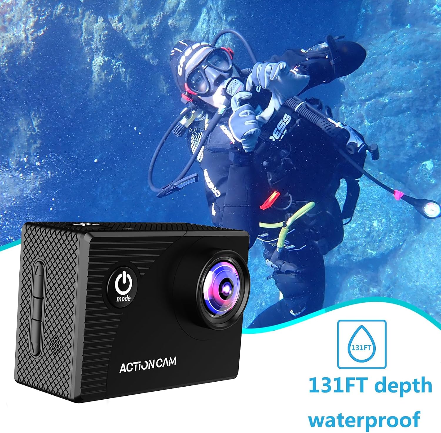 Action Camera 1080P 30fps Sports Camera 40m/131ft Underwater Waterproof with 2 Batteries and Multi-Function Accessory