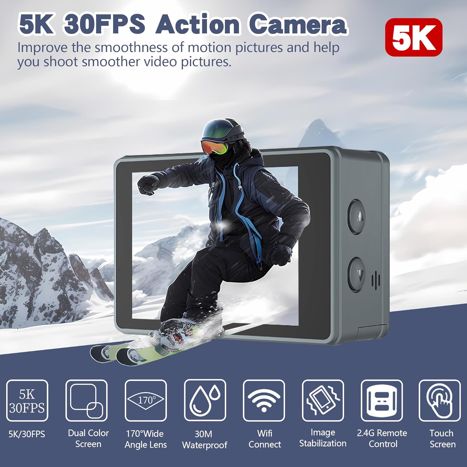Action Camera 5K30FPS, 48MP Ultra HD Underwater Camera EIS WiFi Remote Control Dual Touchscreens Sport Cameras with 32GB SD Card, Microphone and Helmet Mount Accessories Kits