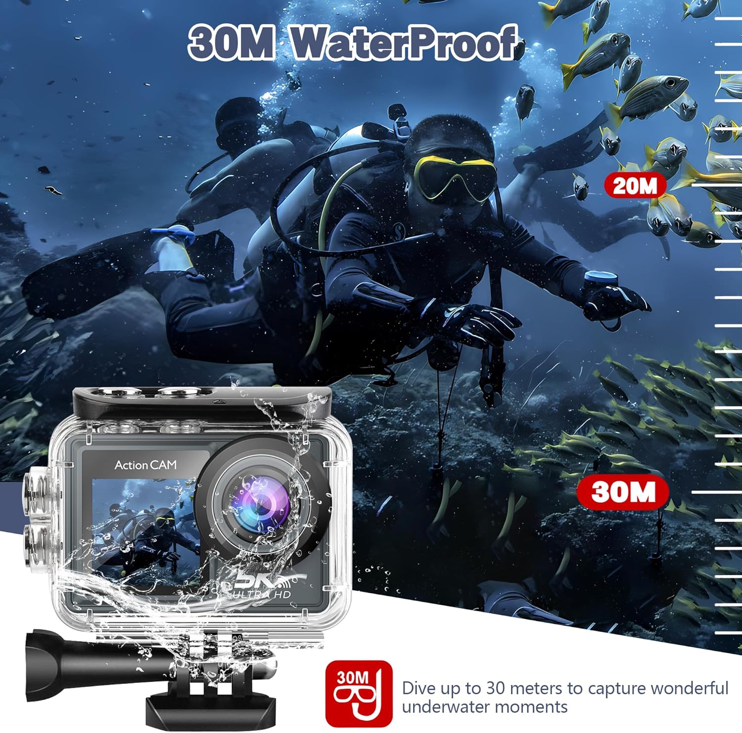 Action Camera 5K30FPS, 48MP Ultra HD Underwater Camera EIS WiFi Remote Control Dual Touchscreens Sport Cameras with 32GB SD Card, Microphone and Helmet Mount Accessories Kits