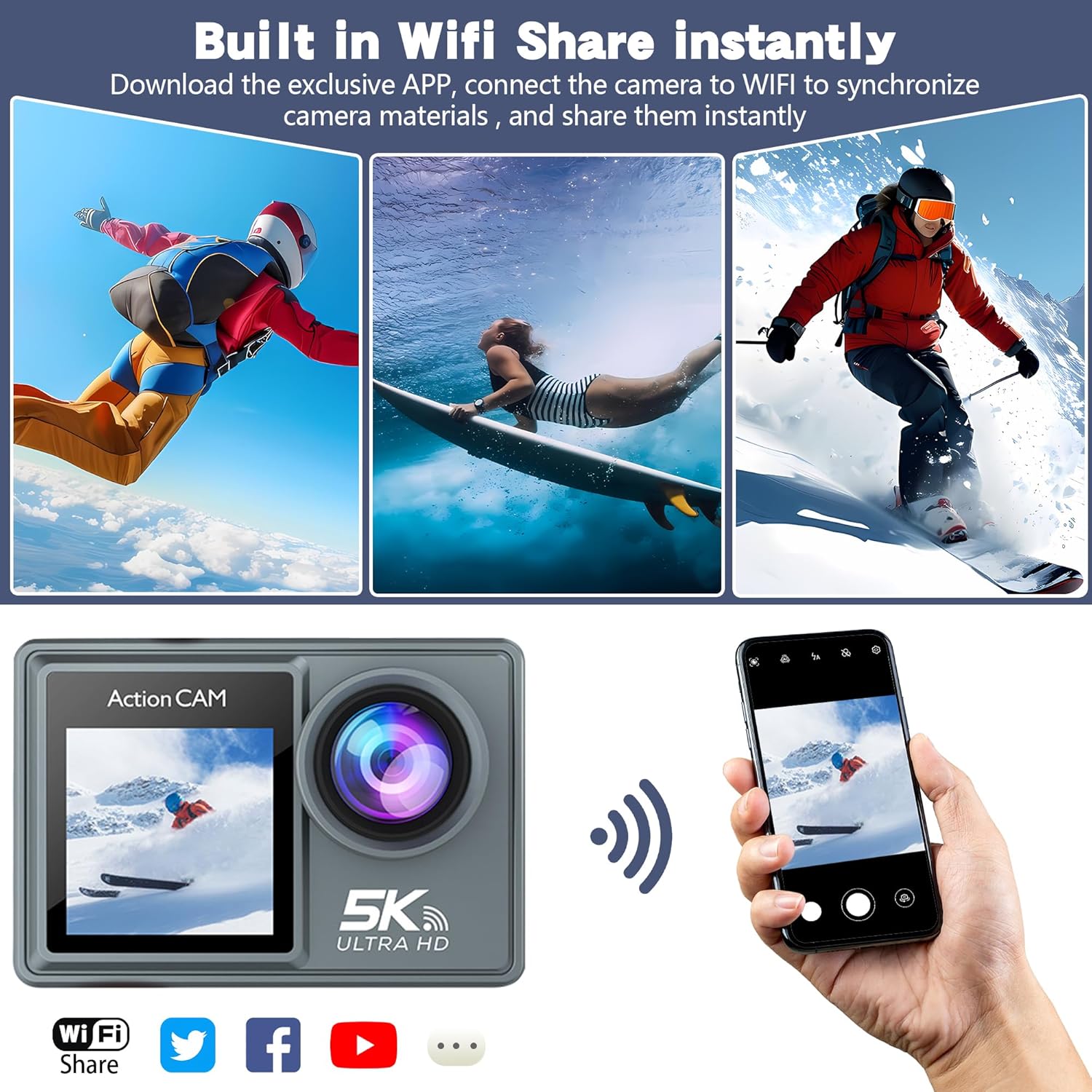 Action Camera 5K30FPS, 48MP Ultra HD Underwater Camera EIS WiFi Remote Control Dual Touchscreens Sport Cameras with 32GB SD Card, Microphone and Helmet Mount Accessories Kits