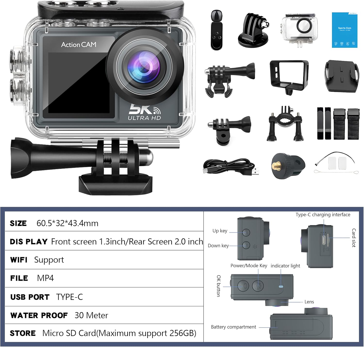 Action Camera 5K30FPS, 48MP Ultra HD Underwater Camera EIS WiFi Remote Control Dual Touchscreens Sport Cameras with 32GB SD Card, Microphone and Helmet Mount Accessories Kits